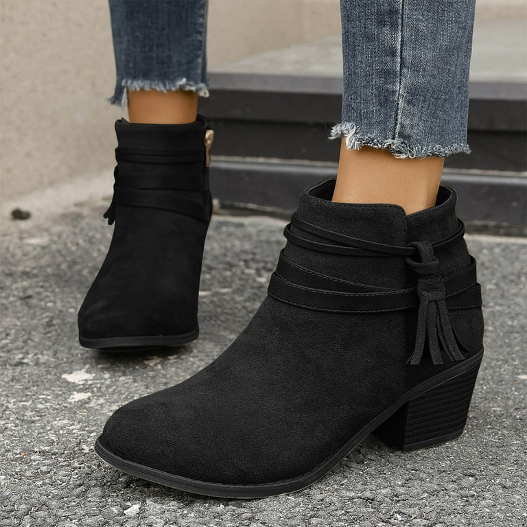 Leozcaa Women's Chunky Low Heel Ankle Boots Classic Pointed Toe - Main Image