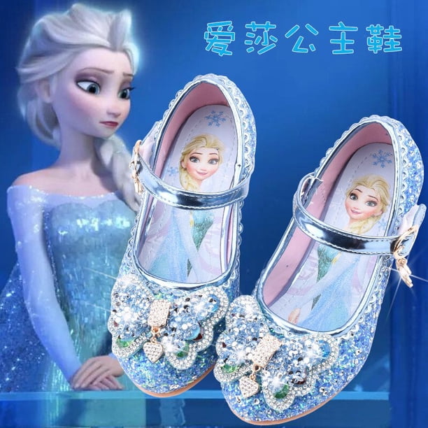 Zapatos casuales de dibujos animados de Disney para niñas, zapatos de tacón alto para niños, zapatos de fiesta de cuero con lazo de dibujos animados de frozen elsa, plantilla de 17,7 CM Gao Jinjia LED