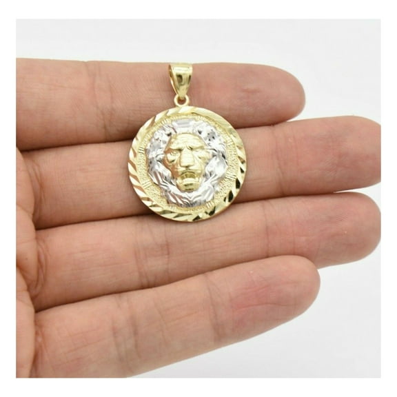 1 3/8" Diamond-Cut Lion Medallion Pendant 10K Yellow White Gold, 3.94 Gr - Goldum NYC