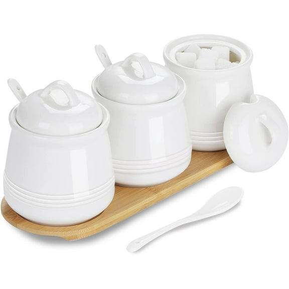 HAOTOP Porcelain Condiment Jar 3 Pack Set with Tray, 12 Ounces White