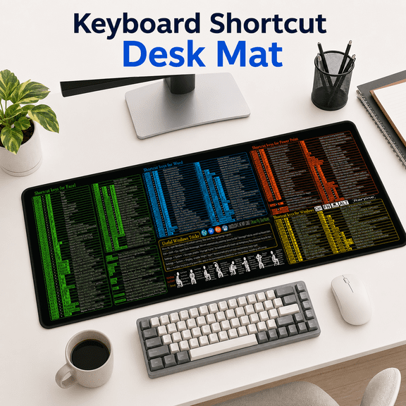 VBNDMAW XXL Big Mouse Pad, Long Extended Office Desk Mat with 200 Keyboard Shortcuts, Non-Slip Waterproof Rubber Base, Stitched Edge, 35.4 x 15.8 in