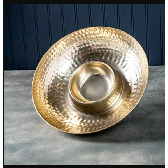 Gilded Aluminum Hammered Bowl Hand Made 11 Inch Chip and Dip Bowl Gold Partyware