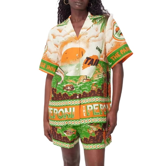 Women Tropical Print Shirt and Shorts Set Button Down Casual Vacation Summer Outfit