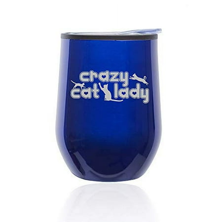 

Stemless Wine Tumbler Coffee Travel Mug Glass With Lid Crazy Cat Lady (Blue)