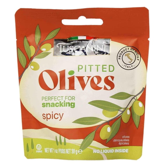 Kosher Tuscanini Spicy Pitted Olives Snack Pack 1.06 oz, Pack of 10