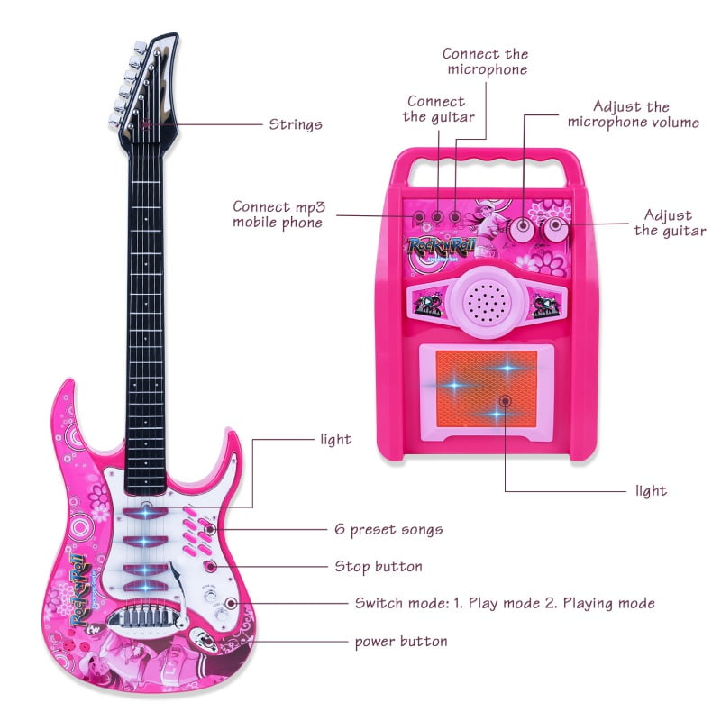 Kids Electric Guitar Toy Play Set with 6 Demo Tune Song Microphone and Amp Multi 