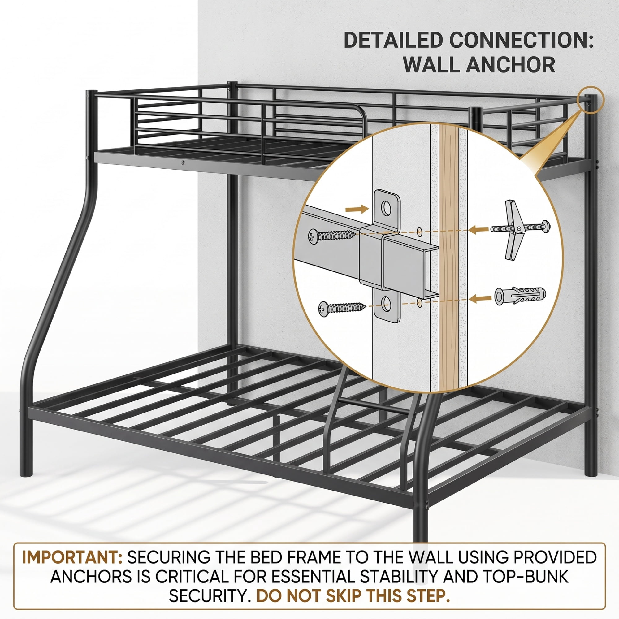 GARITIN Twin Over Full Bunk Bed and Sturdy Metal Bed Frame, Space Saving Bunk Bed with Safety Guardrails and Ladder for Teens Adults Kids and Shared Rooms, No Box Spring Needed, Black