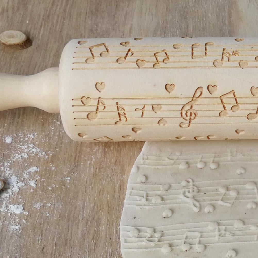 Musical Note Wood Embossing Rolling Pin DIY Baking Cookies Engraved Stencil 