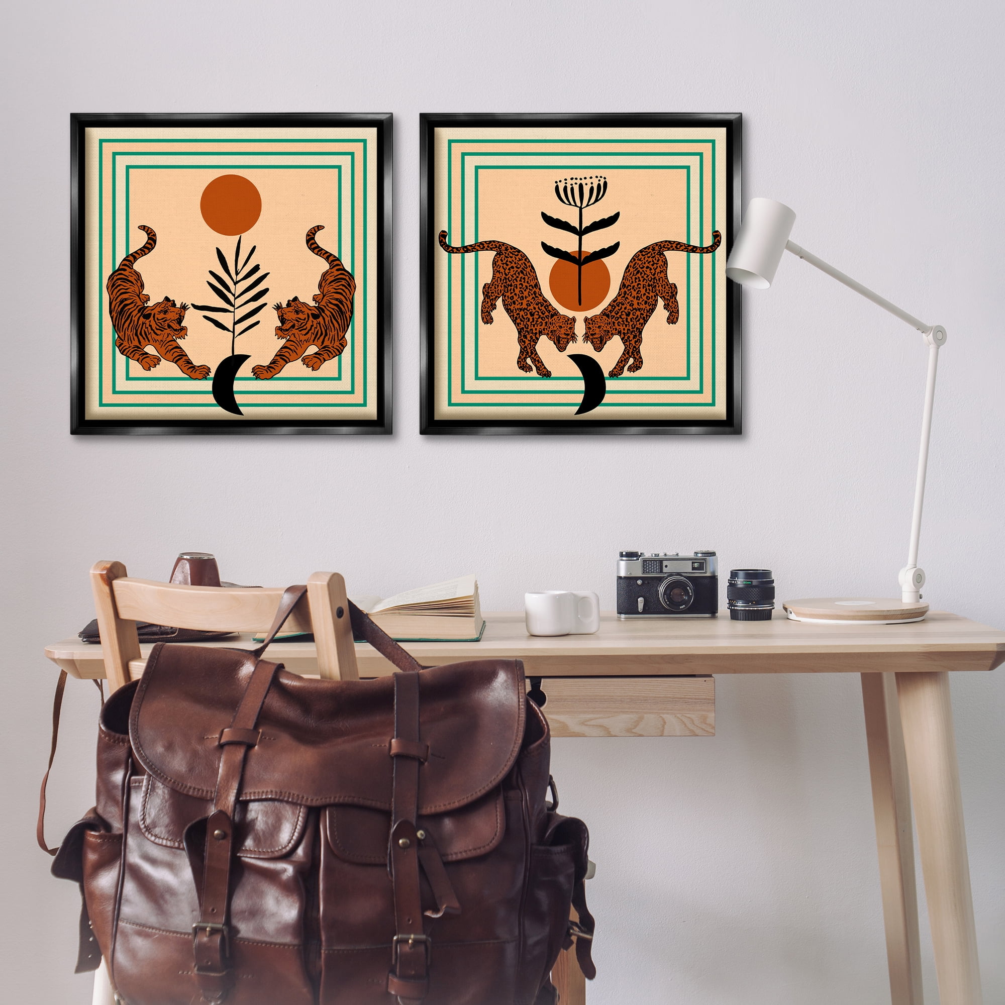 Stupell Industries Boho Symmetrical Wild Cats Animals Painting Black Floater Framed Canvas Art Print Wall Art, 25 x 25, Set of 2