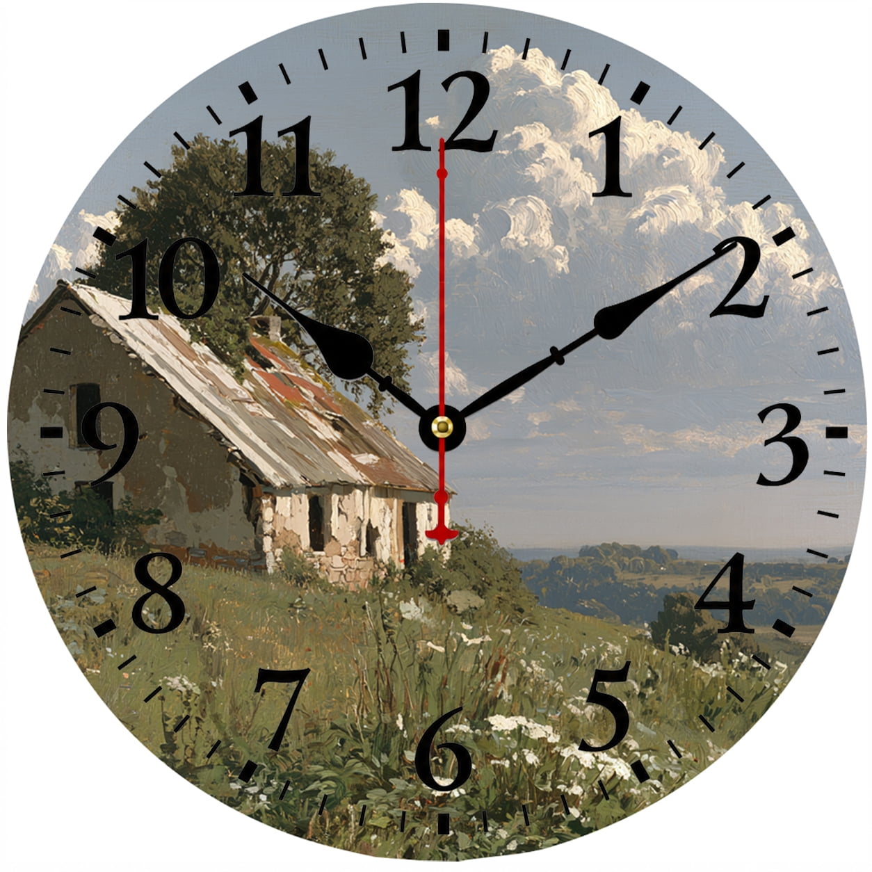 9.84 Inch Farmhouse Wall Clock, Rustic Country Cottage Landscape Analog Clock, Battery Operated Decorative Round Clock, Easy to Read for Living Room Bedroom Kitchen Office