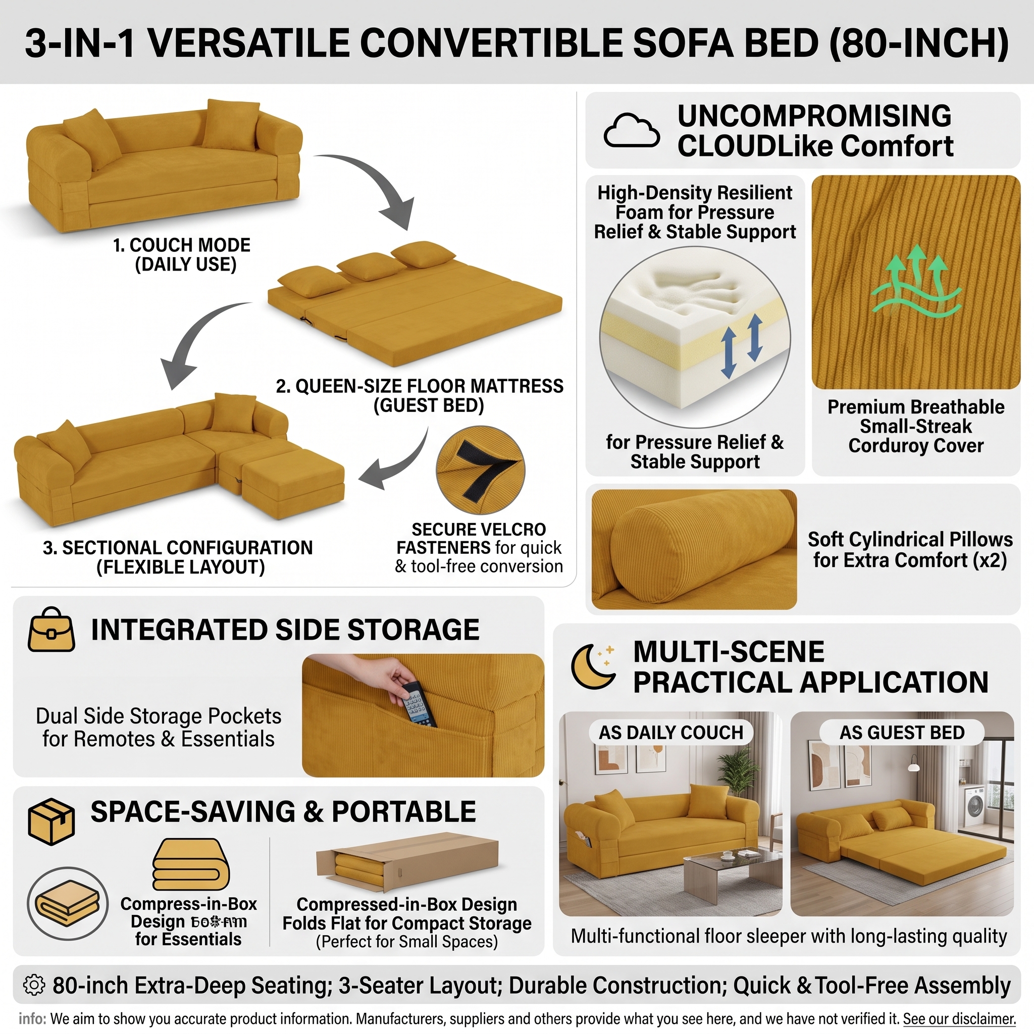 80 Inch 3‑in‑1 Convertible Boneless Sofa Bed, Queen Size Folding Sleeper Couch with Storage Pockets, Corduroy Compressed Sofa in a Box for Living Room