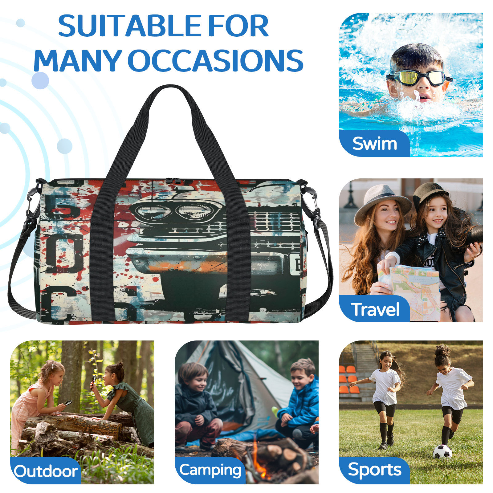 Herdesigns Car Vintage Retro Travel Duffle Bag Sports Yoga Weekender Overnight Carry on Workout Bags Lightweight Waterproof Gym Tote Bag for Women