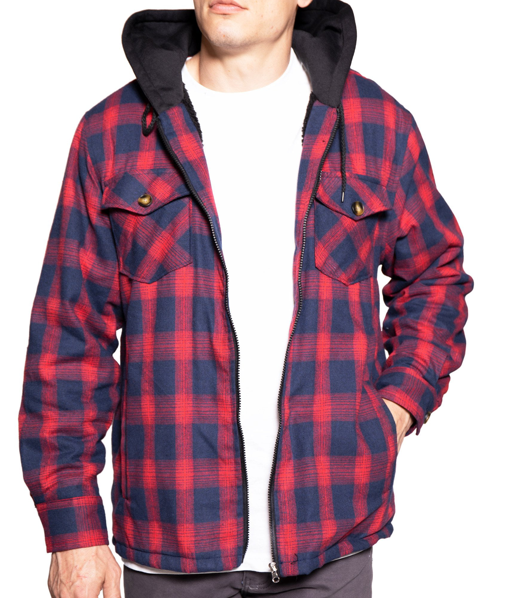 Flannel Hooded Jackets For Mens Zip Up Plaid Heavy Quilted Shirts ...