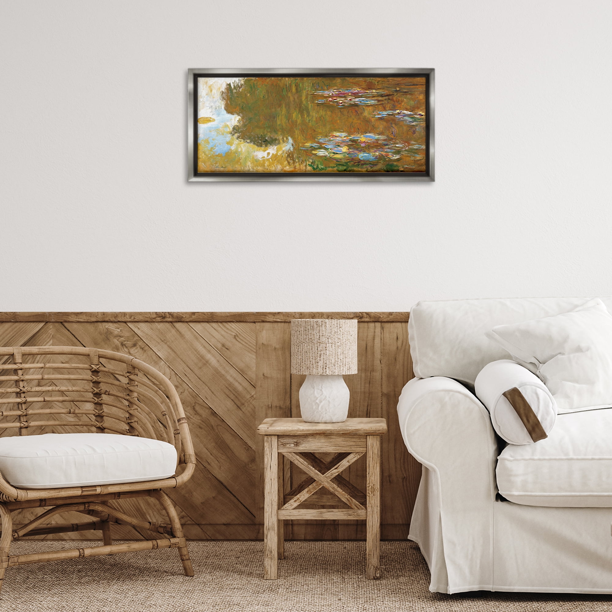 Stupell Industries Classic Monet Water Lily Pond Landscape & Nature Painting Gray Floater Framed Canvas Art Print Wall Art, 25 x 11