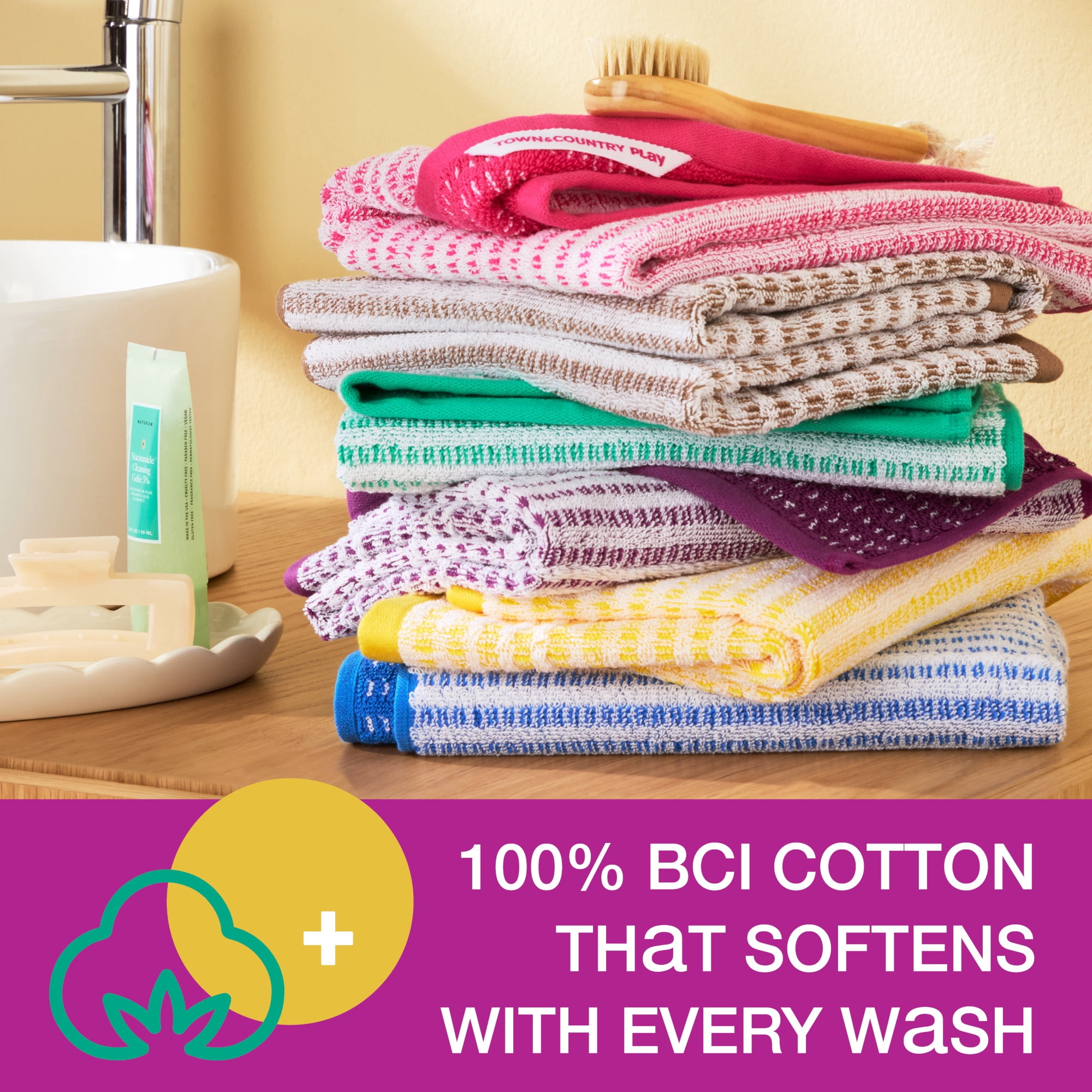 TOWN & COUNTRY PLAY 4-Piece Striped Reversible Terry Brights Hand Towel Set, 20"x30", 100% BCI Cotton, Plush & Absorbent 550GSM, Flamingo Pink