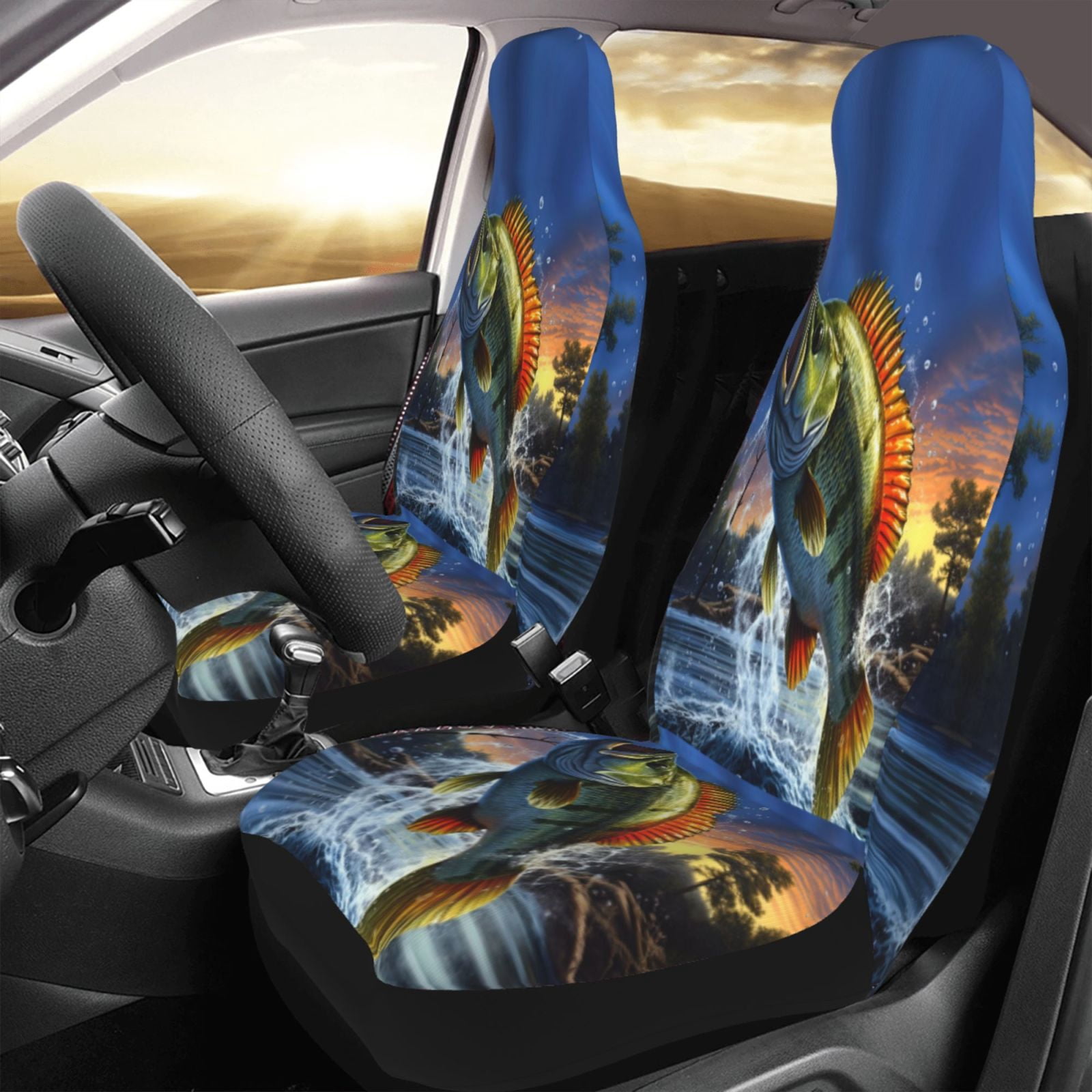 KAKALAD Bass Fish Jumping 04 Car Seat Covers Set Vehicle Front Seats Protector 2 Pcs