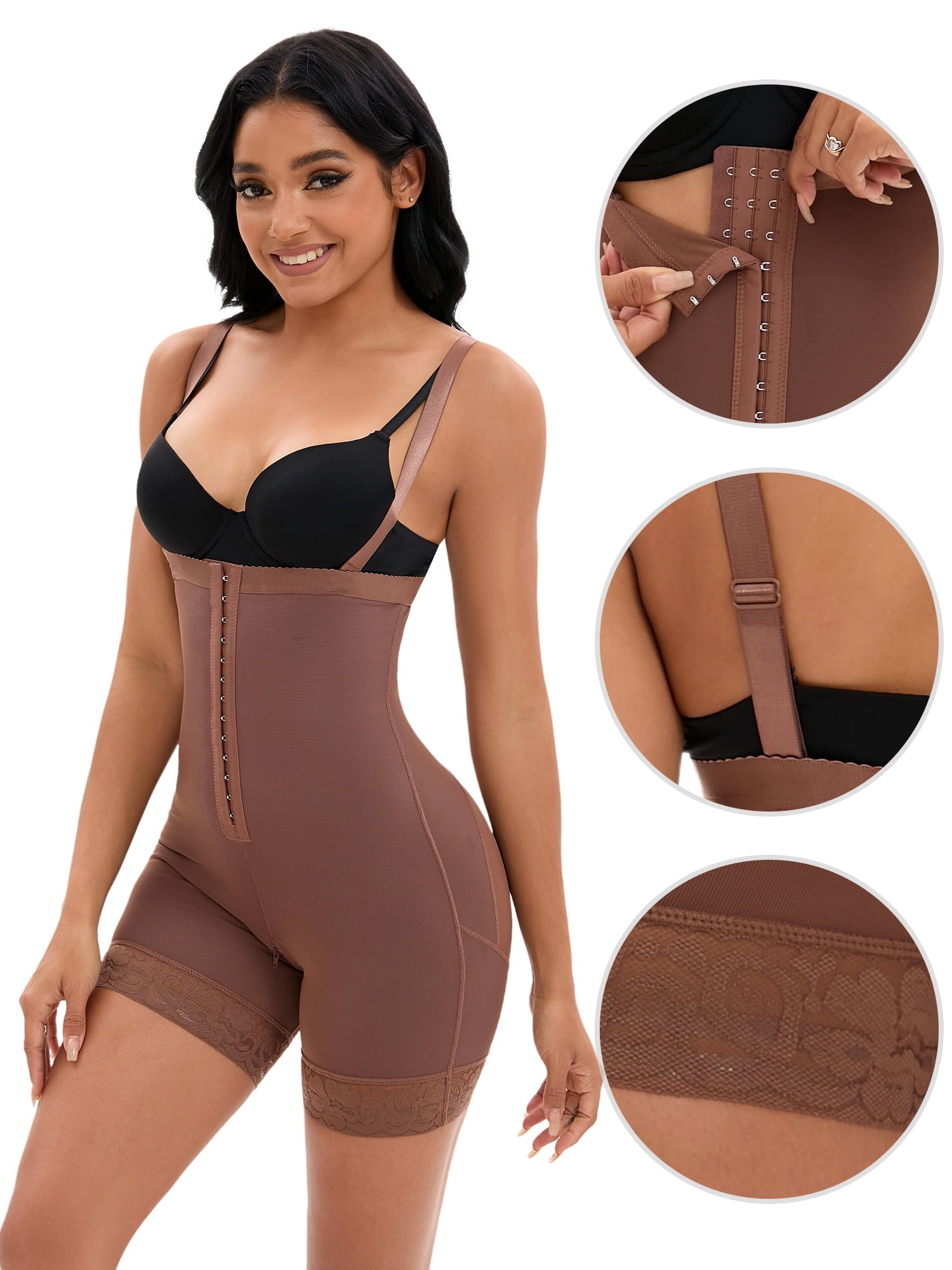 DARING DIVA Women's Cami Front Hook Thigh Slimmers Shapewear Bodysuits Brown M