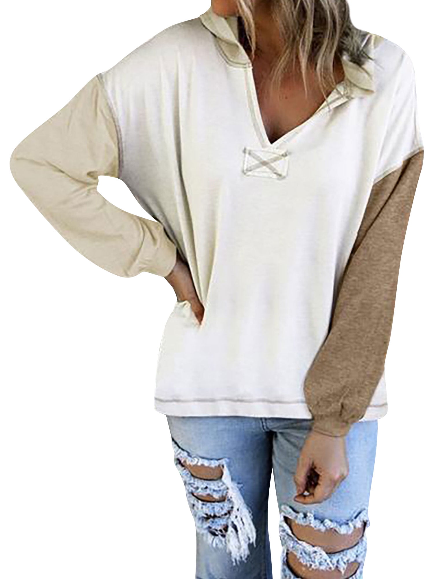 ZXZY Women Colorblock Patchwork V Neck Long Sleeve Hooded Top