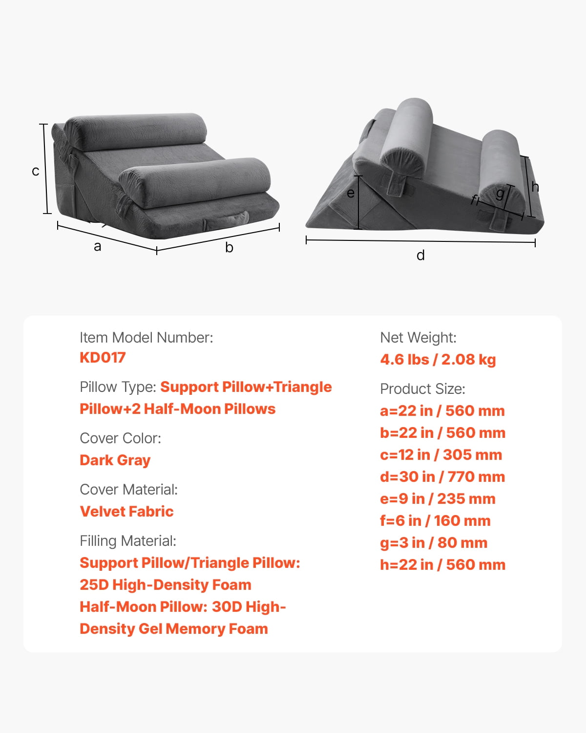 VEVOR Wedge Pillow for Sleeping, 4 Pcs Adjustable Orthopedic Bed Wedge Set,Support Arm Leg Neck Shoulder, Post Surgery Pillow for Back Pain, Acid Reflux,Snoring Relief, Sitting up in Bed,Dark Grey