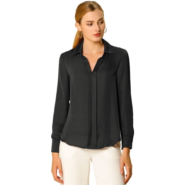Camisa de trabajo de manga larga con blusa elegante con cuello en V de oficina para mujer Negro L INSPIRE CHIC Camisa