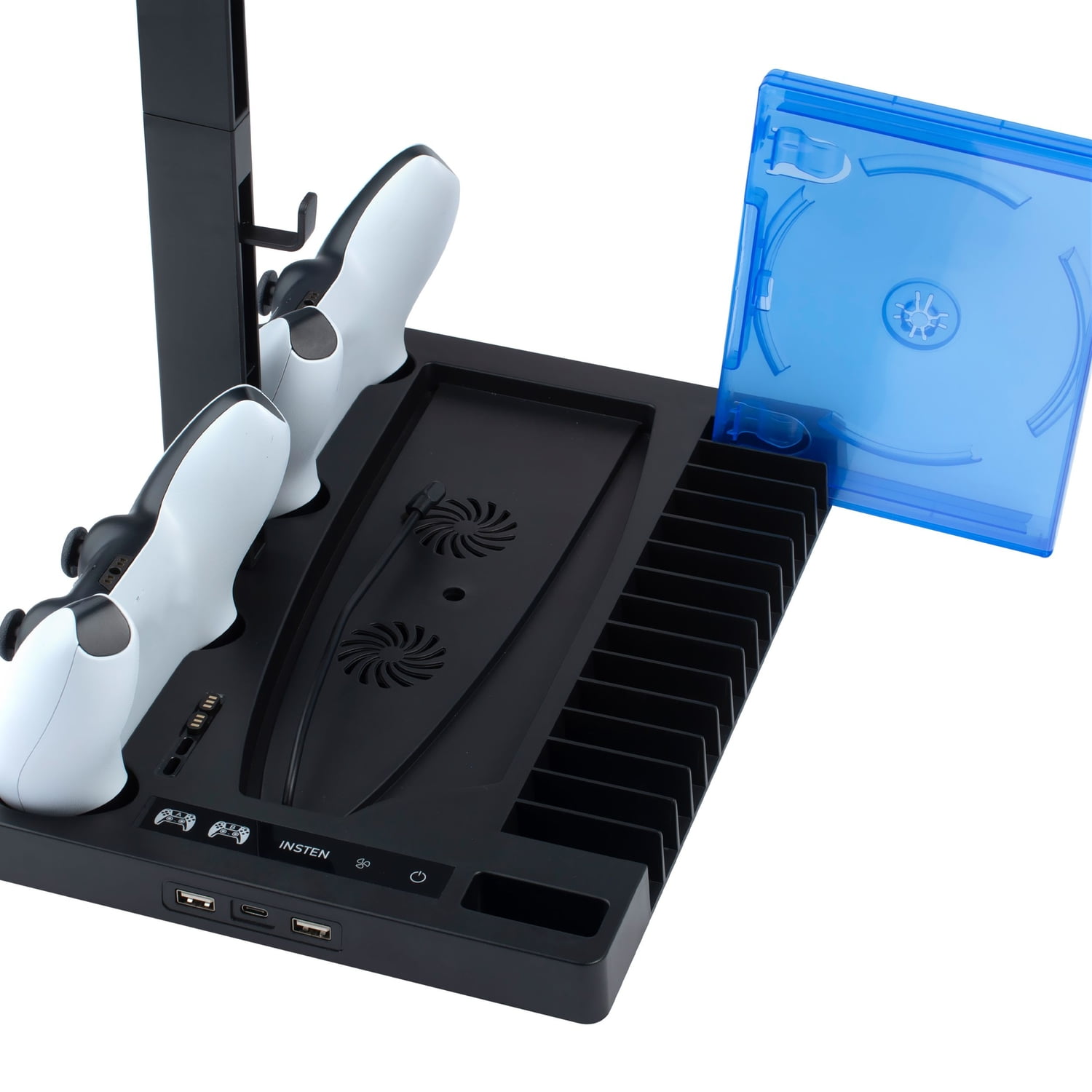 For PS5 Stand and Cooling Station with Dual Controller Charging Dock Charger, Cooling Fan, Headphone Holder, Video Game Storage, USB Hub