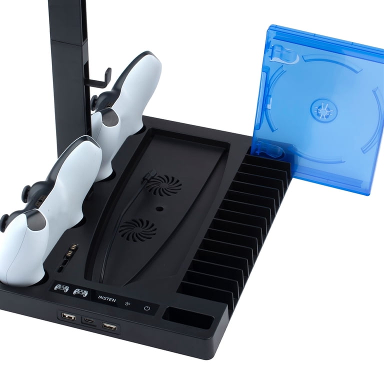 PS5 Stand With Cooling Fan & Dual Controller Charger - Vertical Cooling Station With 8 Game Storage, White