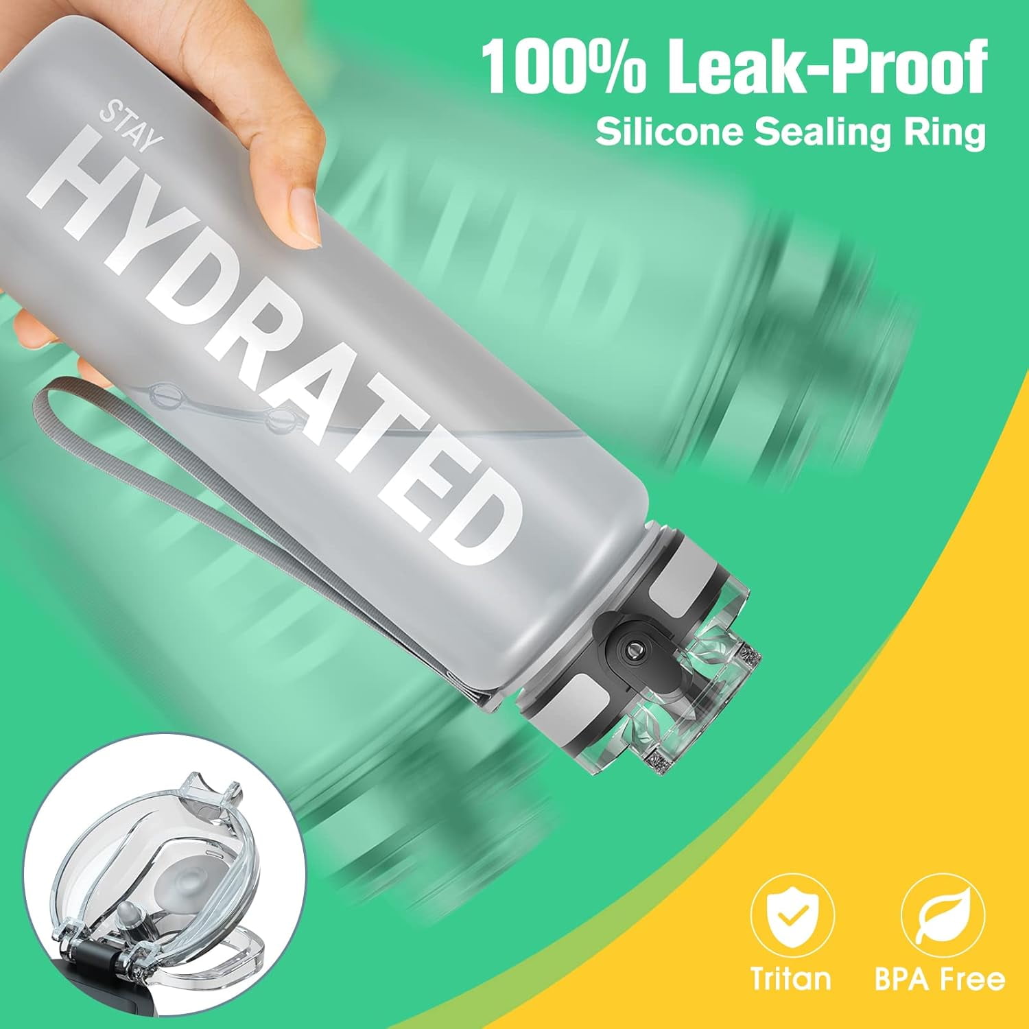 Water Bottle 32oz, Durable and Leakproof Water Bottles Motivational with Time Marker, Tritan, BPA Free, Wide Mouth with Easy Clean Brush for Gym, Travel, Home, School, Office (1 Bottle)