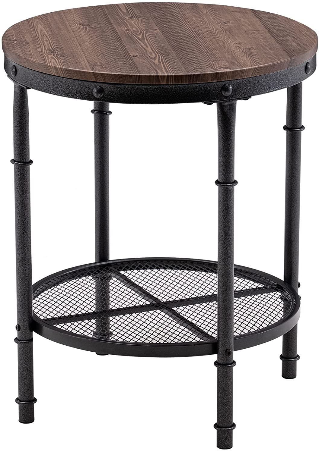 Round End Table, 20" Industrial Wooden Side Table with Metal Mesh