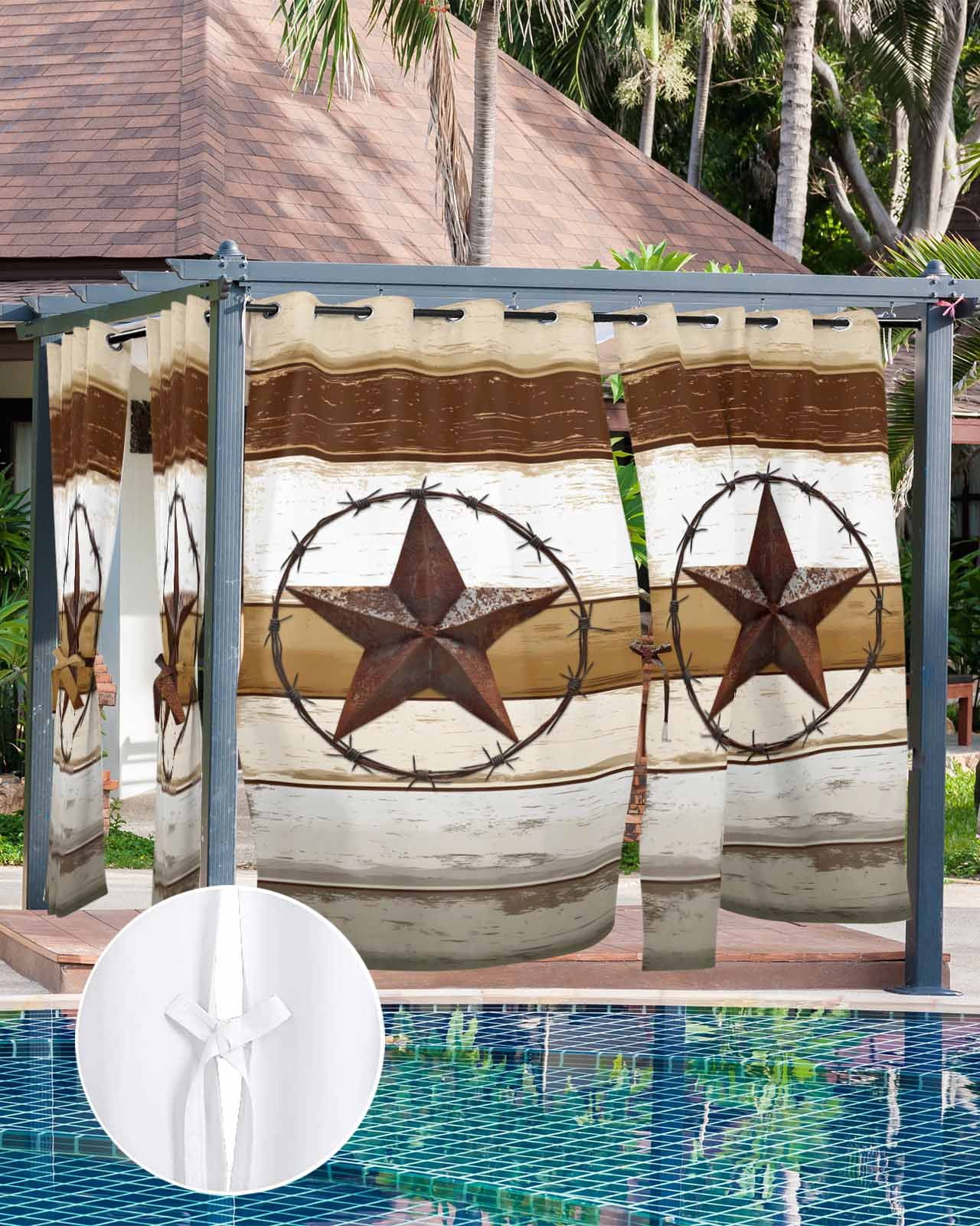 nqOlkjepod Outdoor Curtains for Patio Waterproof, Brown Beige Texas Star Outdoor Privacy Panels Grommet, Vintage Stars Wooden Blackout Outside Curtains for Porch/Cabana/Pergola 54"x108", 2 Panels
