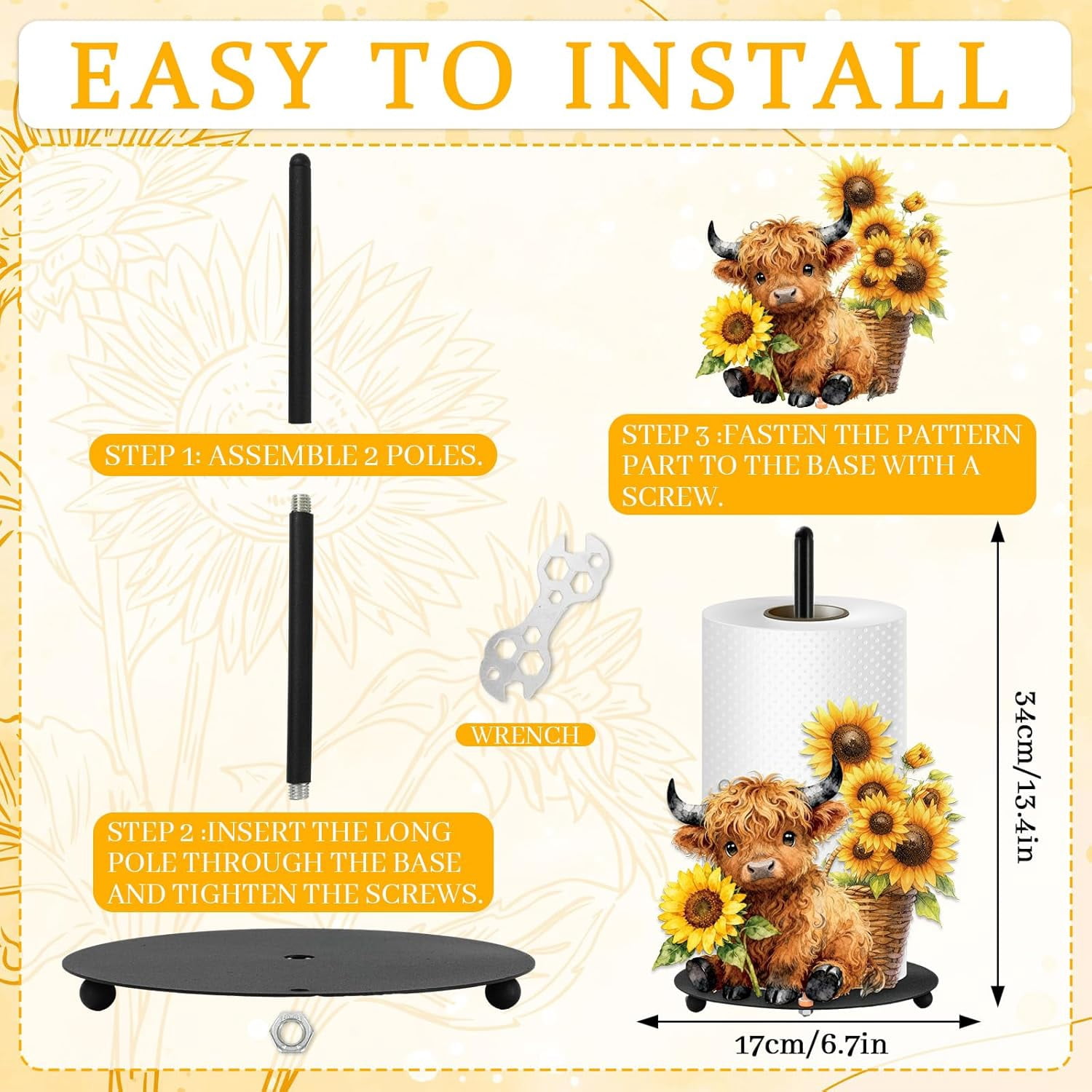 Highland Cow Paper Towel Holder Sunflower Highland Cow Metal Towel Stand Decoration Accessory for Holiday Party Home Kitchen Countertop
