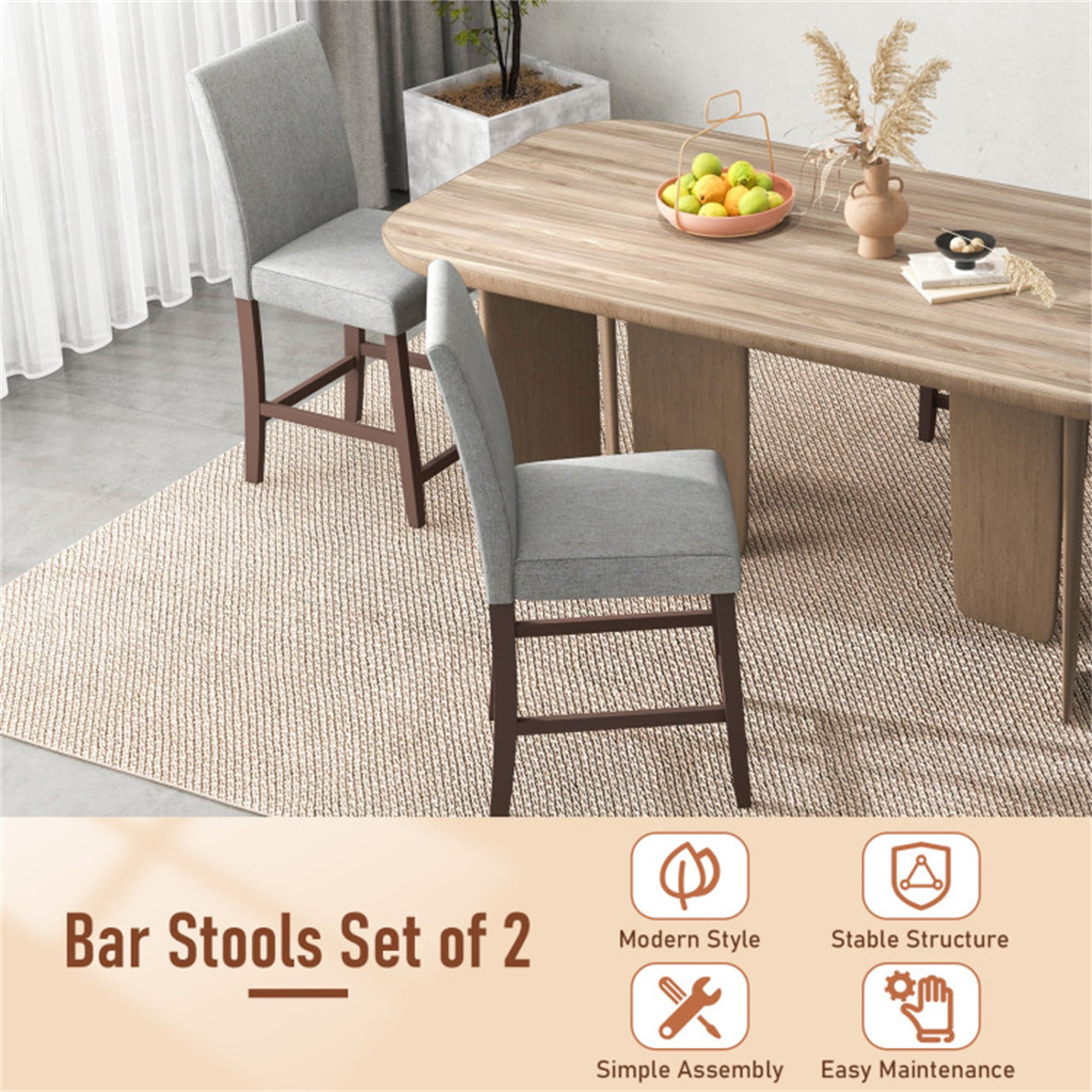 Demi Bonn 25" Set of 2 Counter Height Bar Stools, Modern Dining Chair with Backrests, Gray
