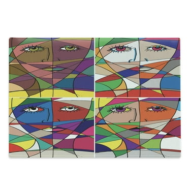 Abstract Cutting Board, Abstract Woman Face Illustration Behind Stained Glass Styled Human Facial Feature, Decorative Tempered Glass Cutting and Serving Board, Large Size, Multicolor, by Ambesonne