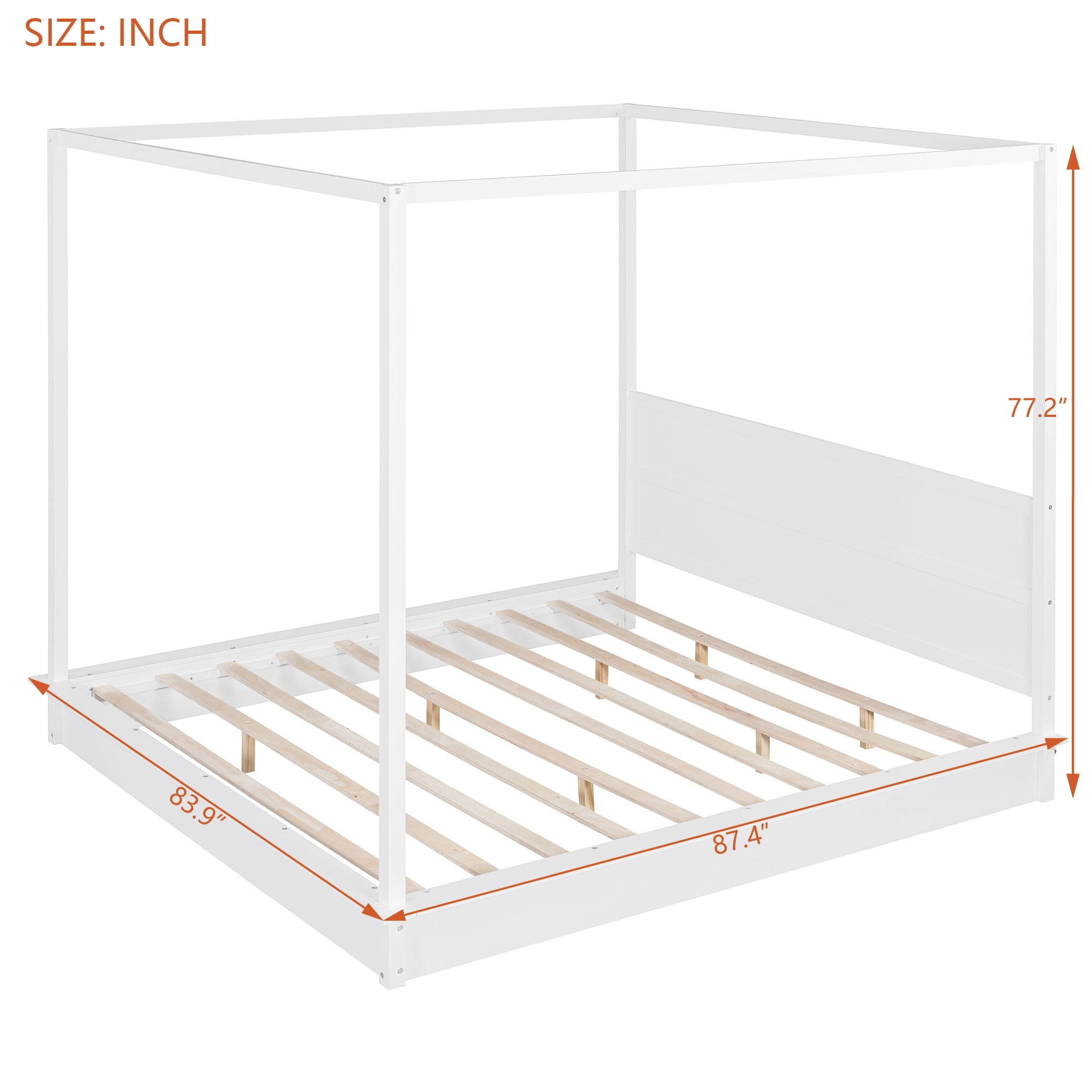 Mintazer King Size LED Canopy Bed with Wood Headboard, Platform Four Poster Bed Frame Easy Assembly, No Box Spring Needed, White