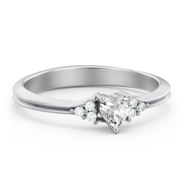 Birthstone Heart Ring with Shoulder Accents - Cubic Zirconia / White Topaz (April)