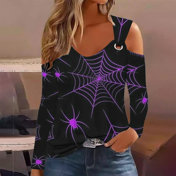 lcziwo Prime Deals Plus Size Halloween Tops for Women Long Sleeve Tunic Blouses Dressy Casual Spider Web Print Graphic T-Shirt Fall Clothes Pink,S