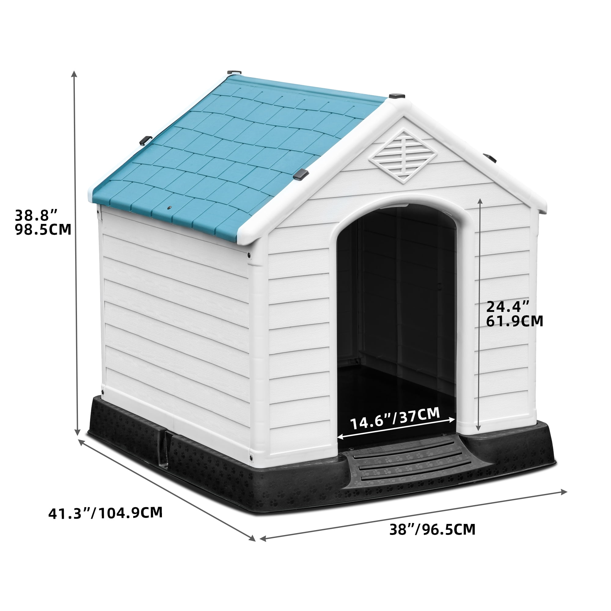 Dextrus Large Plastic Dog House Outdoor Indoor Dog Puppy Shelter Water Resistant with Air Vents and Elevated Floor (41''L*38''W*39''H, Blue)