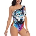 thumbnail image 3 of Goofa Cool Colorful Wolf Pattern Women's One Piece Swimsuits Tummy Control Bathing Suits Asymmetric One Shoulder Swimwear-Large, 3 of 6