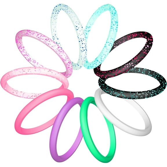 ATJIA 10 Rings Pack Silicone Wedding Ring for Women Men Thin and Stackable Silicone Rubber Glitters Rings for Love Couple