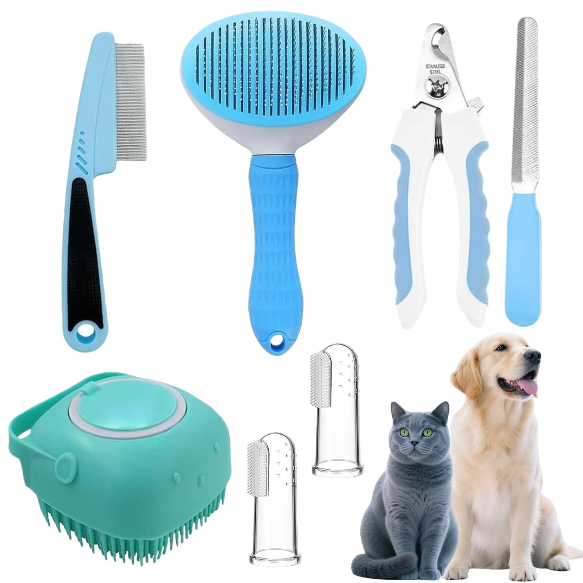 Qianfeng 7 Pcs Pet Grooming Kit, Cat Dog Nail Clipper and File Finger Dog Toothbrush Dog Brush Dog Bath Brush Flea Com