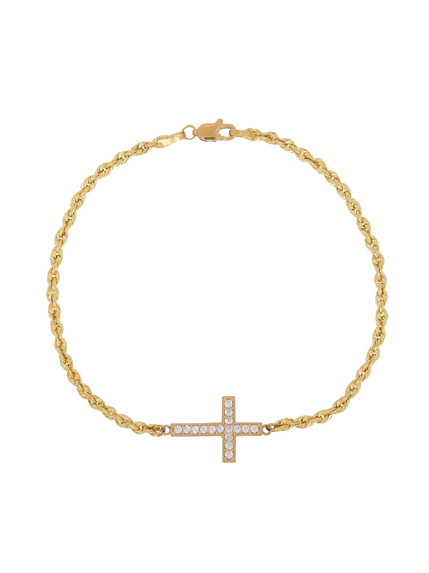 Brilliance Fine Jewelry Cubic Zirconia Cross on Rope Bracelet in 10K Yellow  Gold, 7.5