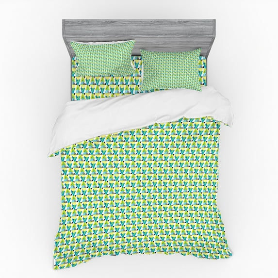 Geometric Duvet Cover Set, Contemporary Tribal Inspired Vertical Triangles, Bedding Set with Shams and Fitted Sheet, 3 Sizes, by Ambesonne