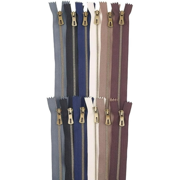 12Pcs 6 Colors Metal Sewing Zipper #3 Assorted Colorful Bronze Alloy Heavy Duty Nylon Fastener Separating Replacement Zippers for DIY Craft Jacket Purses Bags Supplies