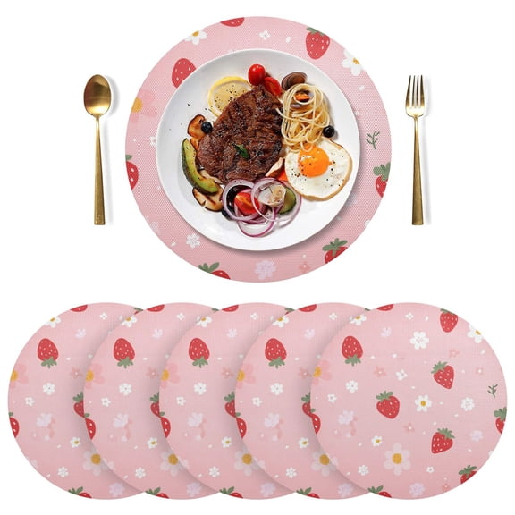 Round Placemats Plate Mats 15 Inch Non-Slip Heat Resistant Washable PVC Set Table Decoration for Kitchen Dining Strawberry and Flowers