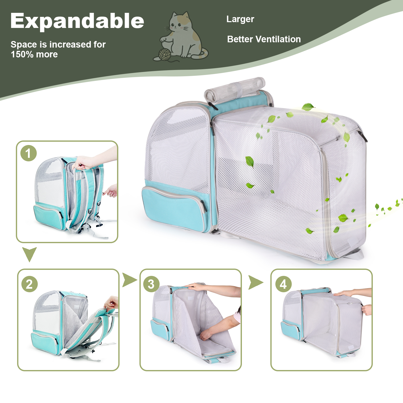 Full Vented Cat Backpack Carrier, Back Expandable Backpack for Large Cat and Small Dog up to 16 Pounds, Airline Approved Kitten Carrying Bag for Traveling and Hiking
