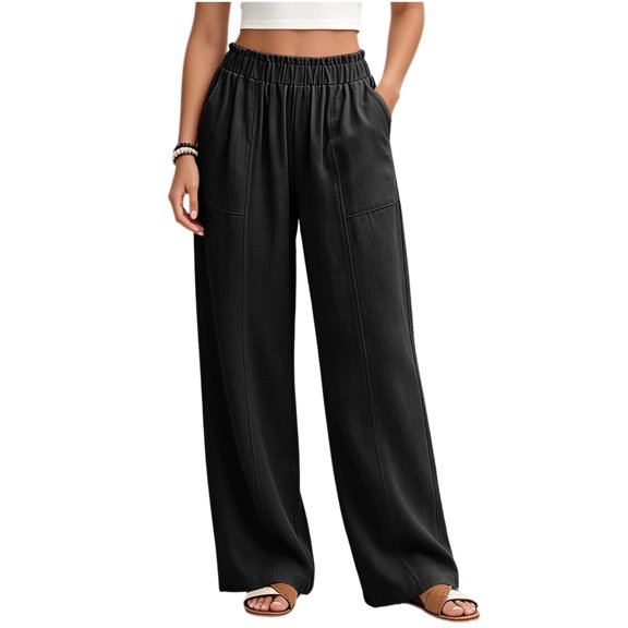 Levmjia Women Wide Leg Pants High Waisted Solid Color Casual Lounge Pants with Pockets Elastic Waist Flowy Straight Leg Trousers