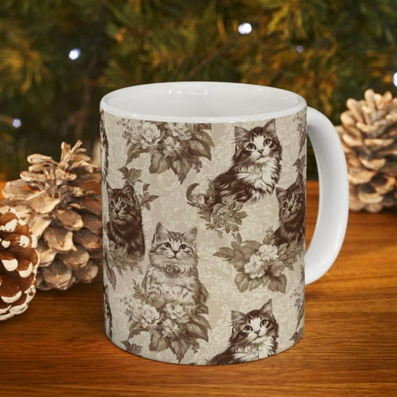 Victorian Cats Coffee Mug Beige Cat Lover Mug Vintage Cat Mug Victorian Style Decor Cat Mug Retro Cat Coffee Mug Ornate Feline Mug Gift for Cat Lovers Gift