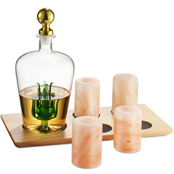 Godinger Decanter and Shot Glasses Set, Tequila Decanter and Himalayan Salt Shot Glasses, Liquor Decanter, 4 Pink Salt Glasses, Gift Set