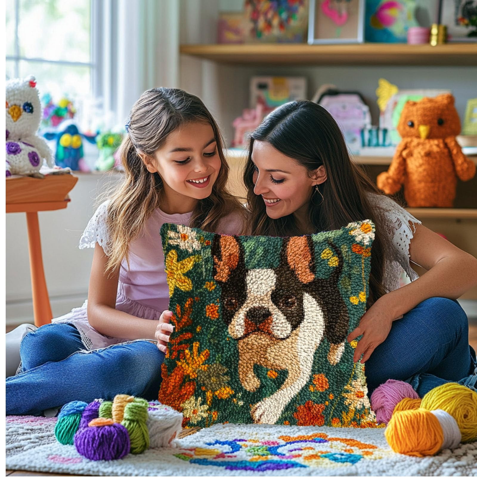 DIY Latch Hook Pillow Kits for Adults Cartoon Cute Boston Terrier Dog Running in Flower Printed Pillowcase Crochet Yarns Hooking Handmade Pillow Cover Cushion for Home Sofa Decoration 17x17inch(3)