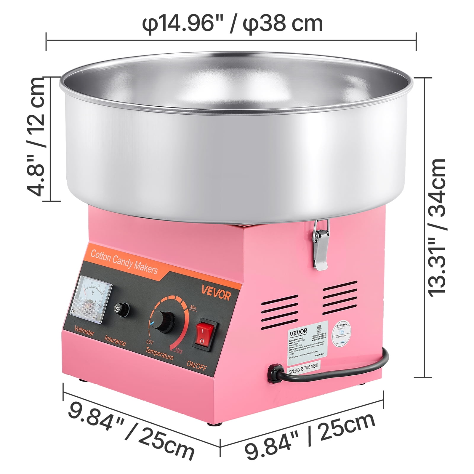 VEVOR Cotton Candy Machine Commercial, 1000W Electric Candy Floss Maker, Easy Use with 15 inch Stainless Steel Bowl and Sugar Scoop, Makes Hard Candy for Home Kids Birthday, Family Party, Pink