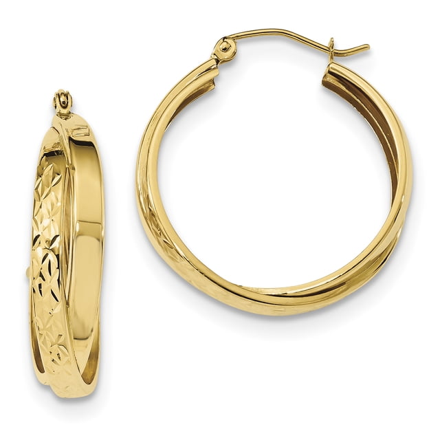 14k Yellow Gold Diamond Cut Twist Hoop Earrings Round